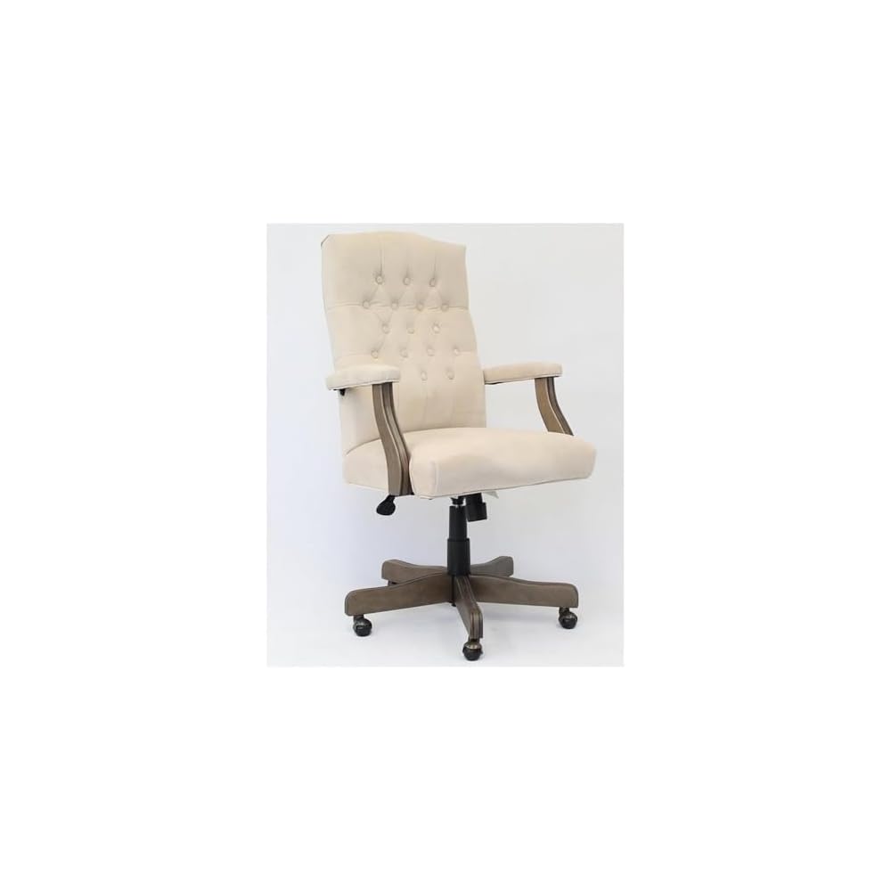 Pemberly Row Tufted Swivel Executive Office Chair, 43-47 in Height, Champagne Velvet Upholstery, Driftwood Finish, Adjustable High Back Design, Brass Casters, Traditional Style for Office Use