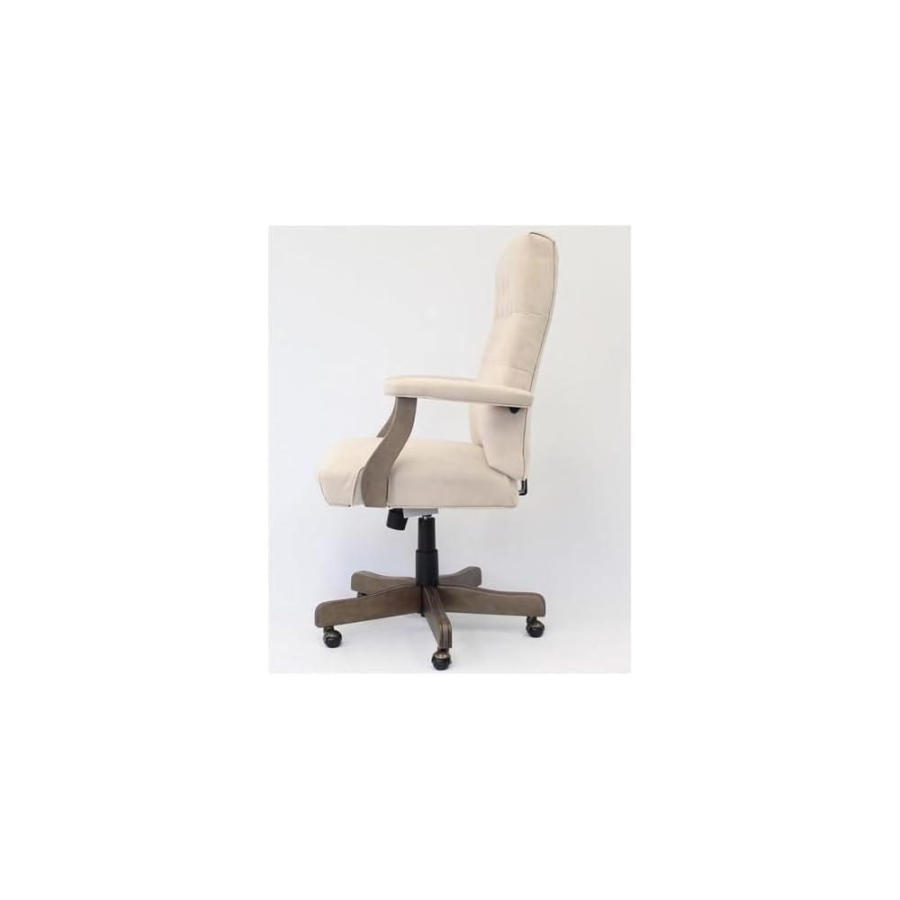 Pemberly Row Tufted Swivel Executive Office Chair, 43-47 in Height, Champagne Velvet Upholstery, Driftwood Finish, Adjustable High Back Design, Brass Casters, Traditional Style for Office Use