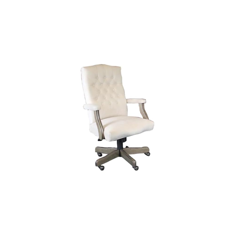Pemberly Row Tufted Swivel Executive Office Chair, 43-47 in Height, Champagne Velvet Upholstery, Driftwood Finish, Adjustable High Back Design, Brass Casters, Traditional Style for Office Use
