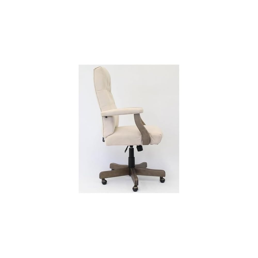 Pemberly Row Tufted Swivel Executive Office Chair, 43-47 in Height, Champagne Velvet Upholstery, Driftwood Finish, Adjustable High Back Design, Brass Casters, Traditional Style for Office Use