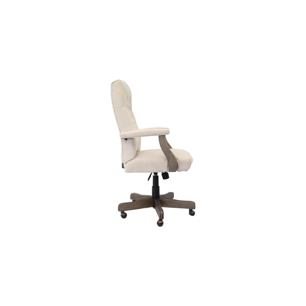 Pemberly Row Tufted Swivel Executive Office Chair, 43-47 in Height, Champagne Velvet Upholstery, Driftwood Finish, Adjustable High Back Design, Brass Casters, Traditional Style for Office Use