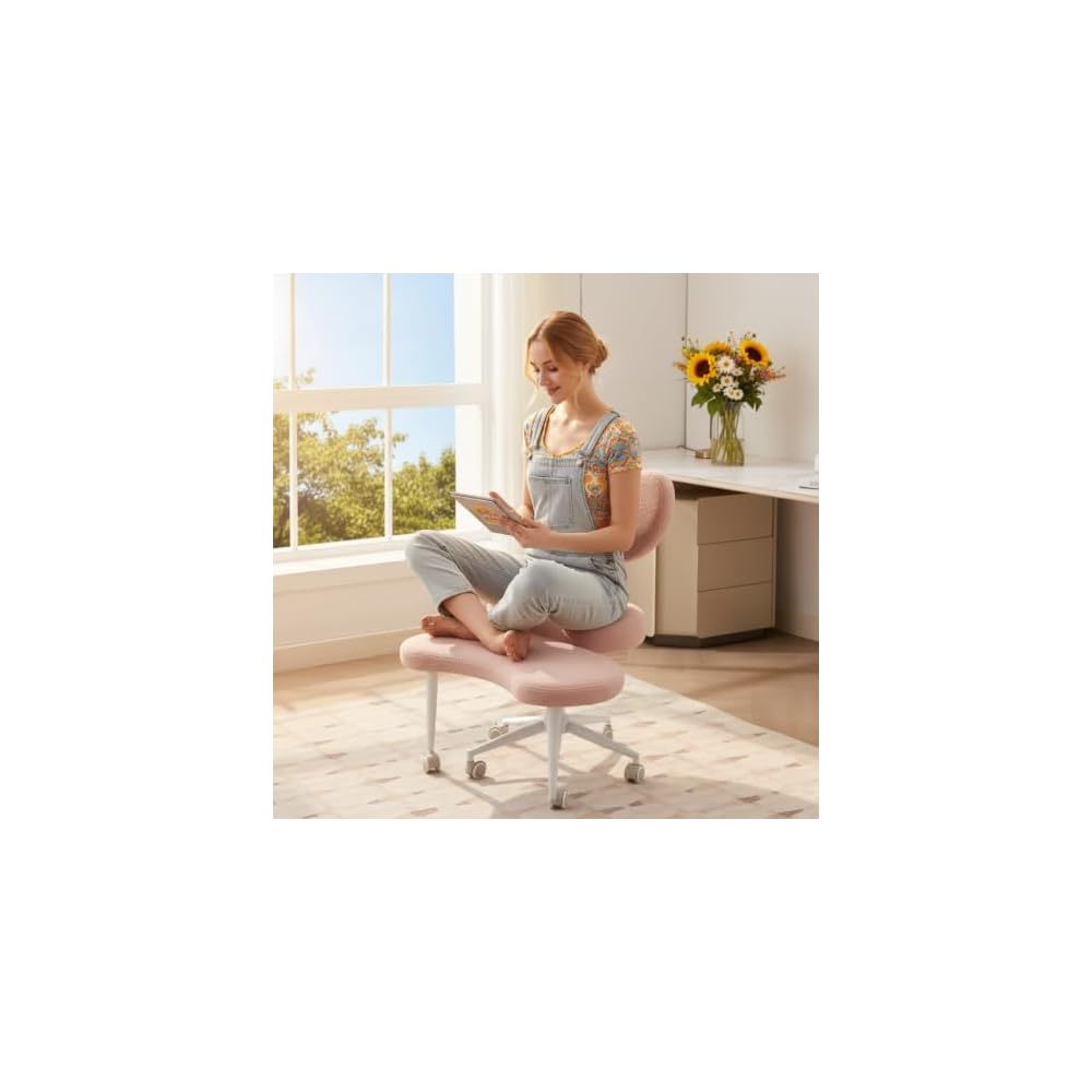 Ergonomic ADHD Criss Cross Legged Office Desk Chair - Meditation Kneeling Yoga Chair Adjustable Height with Wheels Lumbar Support, 360° Swivel Wider Footrest for Home Work, White