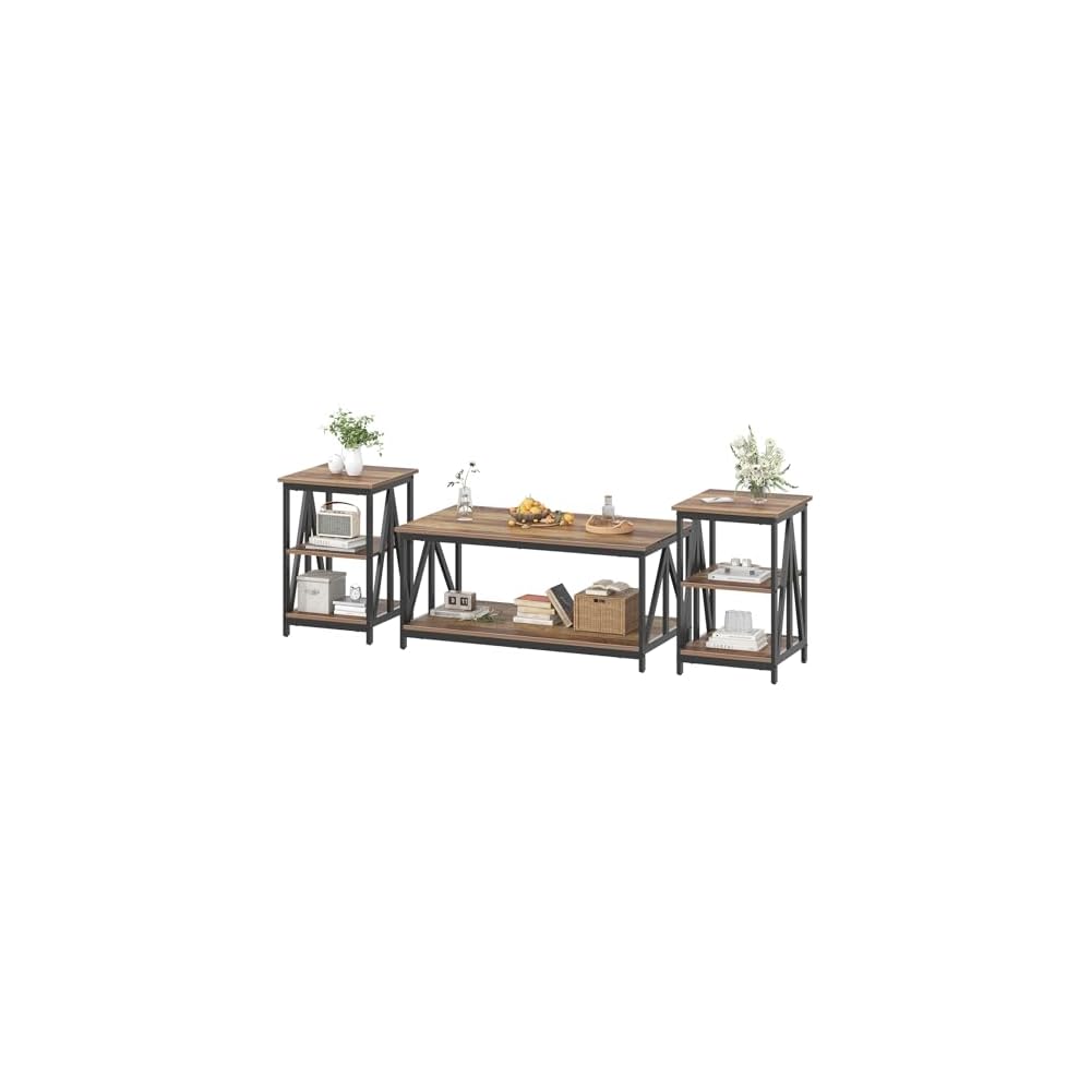 Bigbiglife Living Room Coffee Table Set of 3, Industrial X-Design Coffee Table and 2 End Side Tables, 3 Piece Living Room Table Set with Large Storage for Apartment Home (Black)