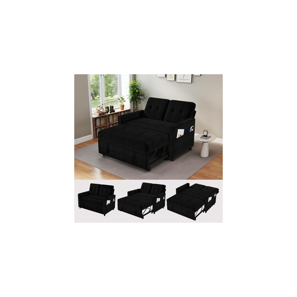 3 in 1 Convertible Sleeper Sofa Bed, Pull Out Loveseat Couch, Black
