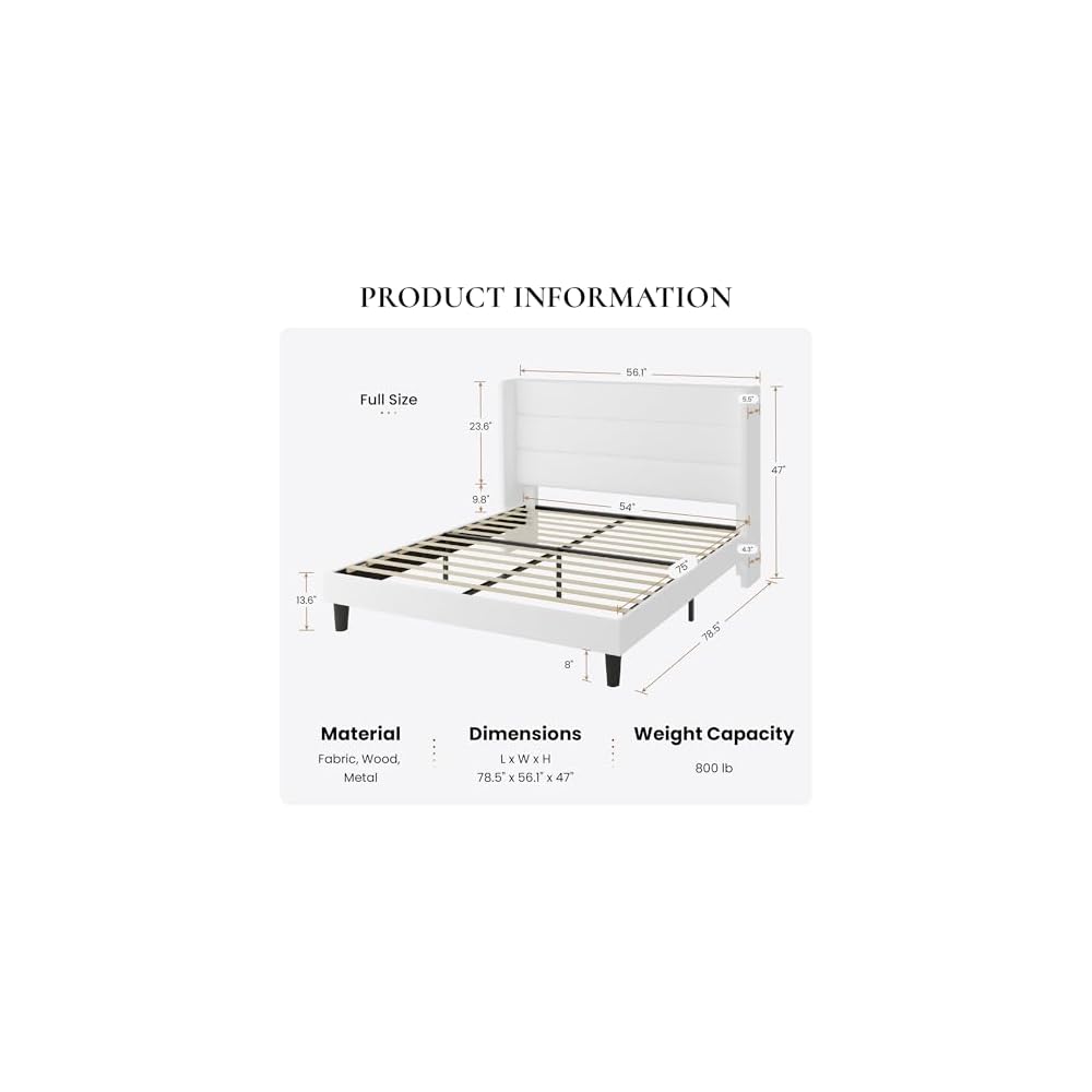 SHA CERLIN Full Size Velvet Bed Frame with Wingback Headboard/Upholstered Platform Bed with Wooden Slats/Mattress Foundation/No Box Spring Needed/Easy Assembly/White
