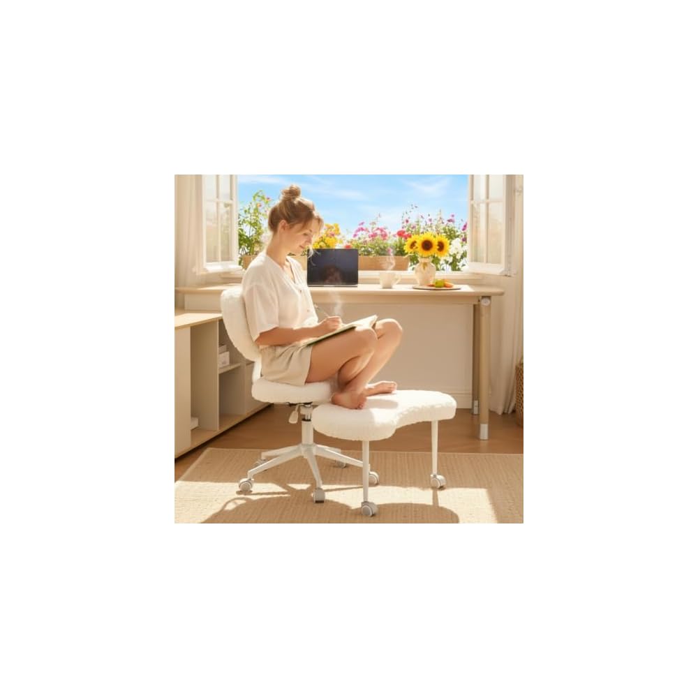 Ergonomic ADHD Criss Cross Legged Office Desk Chair - Meditation Kneeling Yoga Chair Adjustable Height with Wheels Lumbar Support, 360° Swivel Wider Footrest for Home Work, White