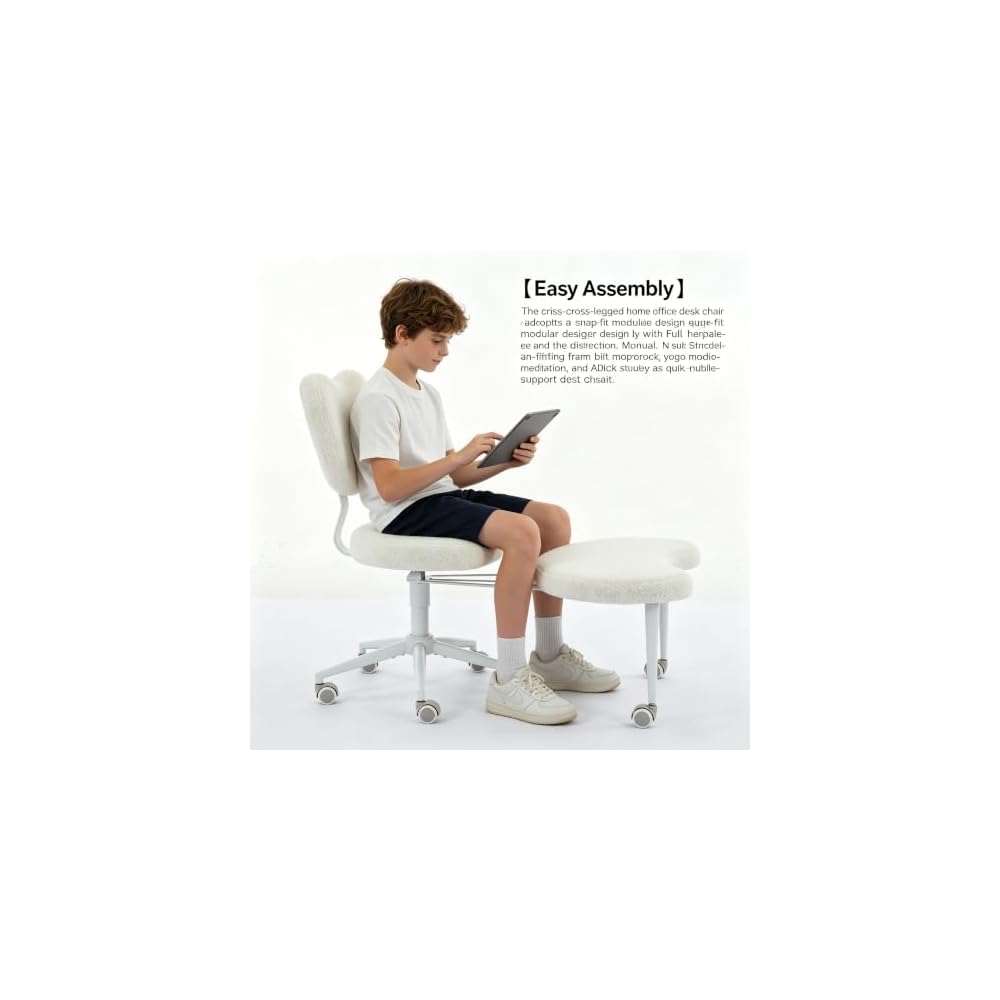 Ergonomic ADHD Criss Cross Legged Office Desk Chair - Meditation Kneeling Yoga Chair Adjustable Height with Wheels Lumbar Support, 360° Swivel Wider Footrest for Home Work, White