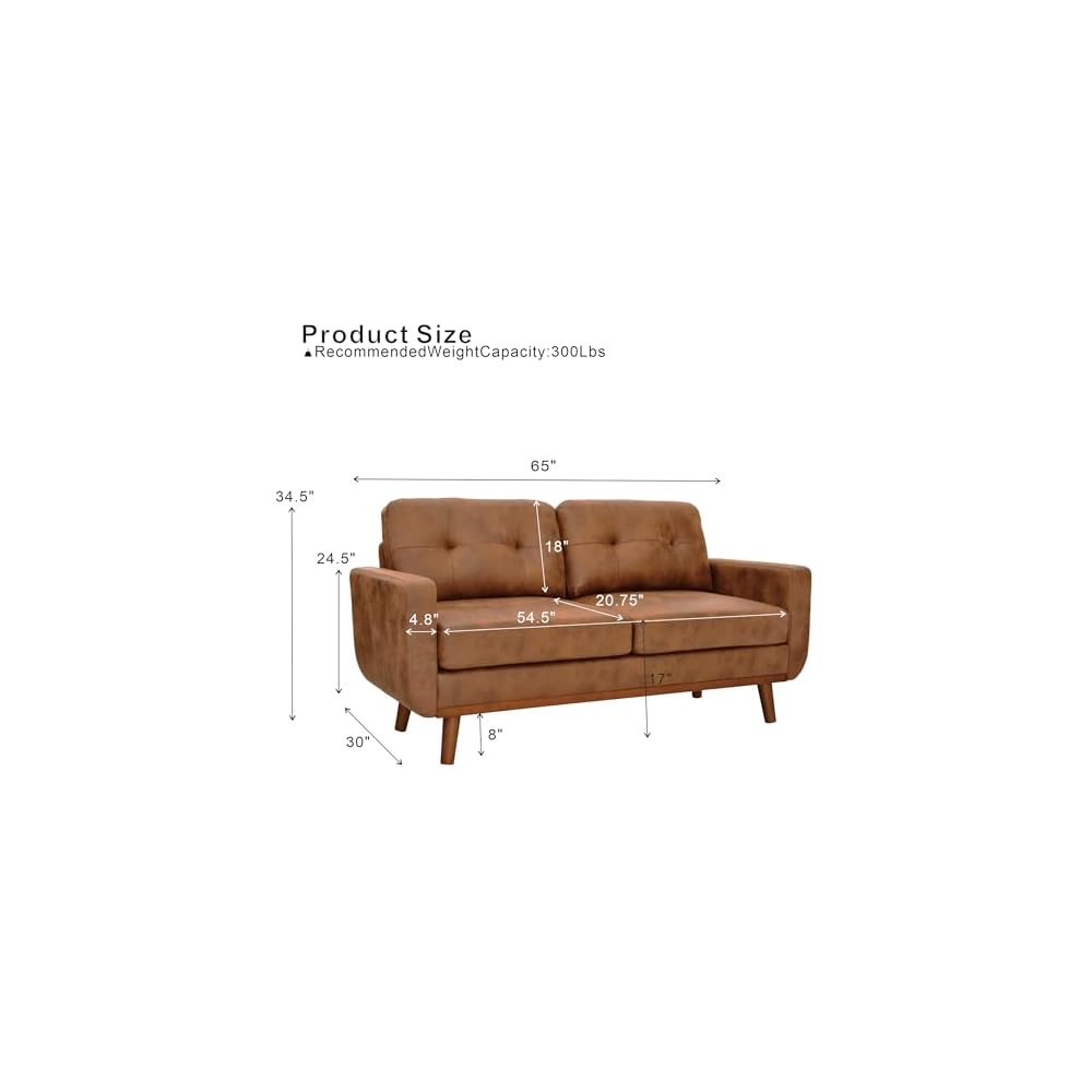 Light Brown Small Office Couch, 65" Mid Century Modern Loveseat Sofa for Small Spaces, Comfy Mini Cloud Couch for Bedroom, Vintage Two Seater Couch for Living Room Apartment (Light Brown)