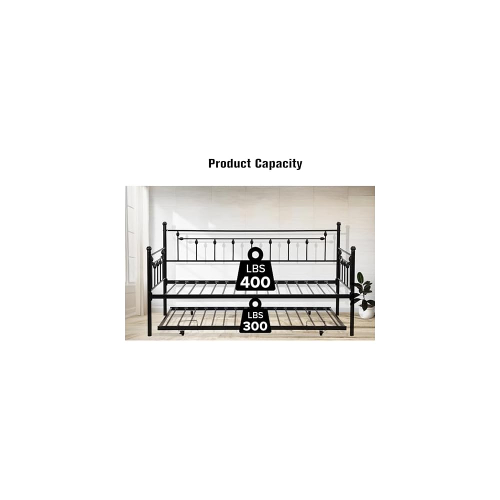 Convertible Modern Twin Size Metal Daybed Couch Pull Out Trundle Sofa Bed 2 in 1 Convertible Sleeper Daybed Sofa Bed Frame for Bedroom Living Room Guest Room Office Black One Size