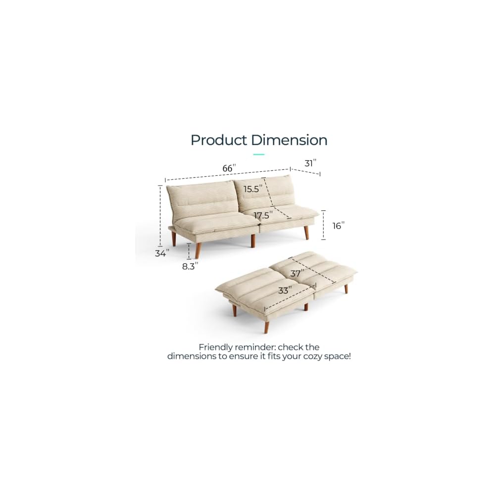 LINSY Home 66" Futon Sofa Bed, Corduroy Futon Couch with 3-Position Adjustable Backrest, Solid Wood Legs, Convertible Small Sofa Bed for Living Room, Apartment, Dorm, Beige