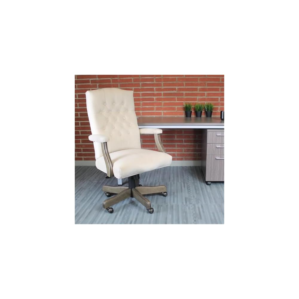 Pemberly Row Tufted Swivel Executive Office Chair, 43-47 in Height, Champagne Velvet Upholstery, Driftwood Finish, Adjustable High Back Design, Brass Casters, Traditional Style for Office Use