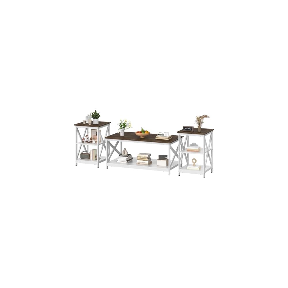 Bigbiglife Living Room Coffee Table Set of 3, Industrial X-Design Coffee Table and 2 End Side Tables, 3 Piece Living Room Table Set with Large Storage for Apartment Home (Black)