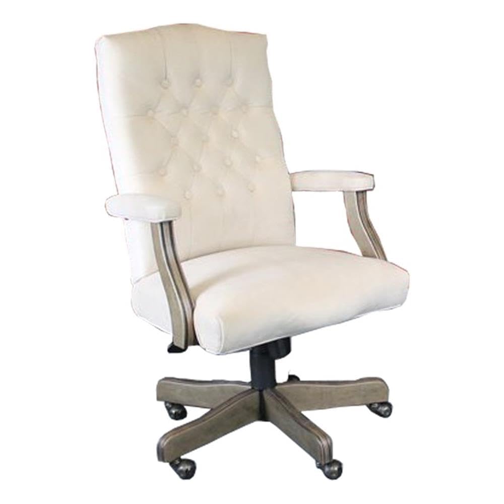 Pemberly Row Tufted Swivel Executive Office Chair, 43-47 in Height, Champagne Velvet Upholstery, Driftwood Finish, Adjustable High Back Design, Brass Casters, Traditional Style for Office Use