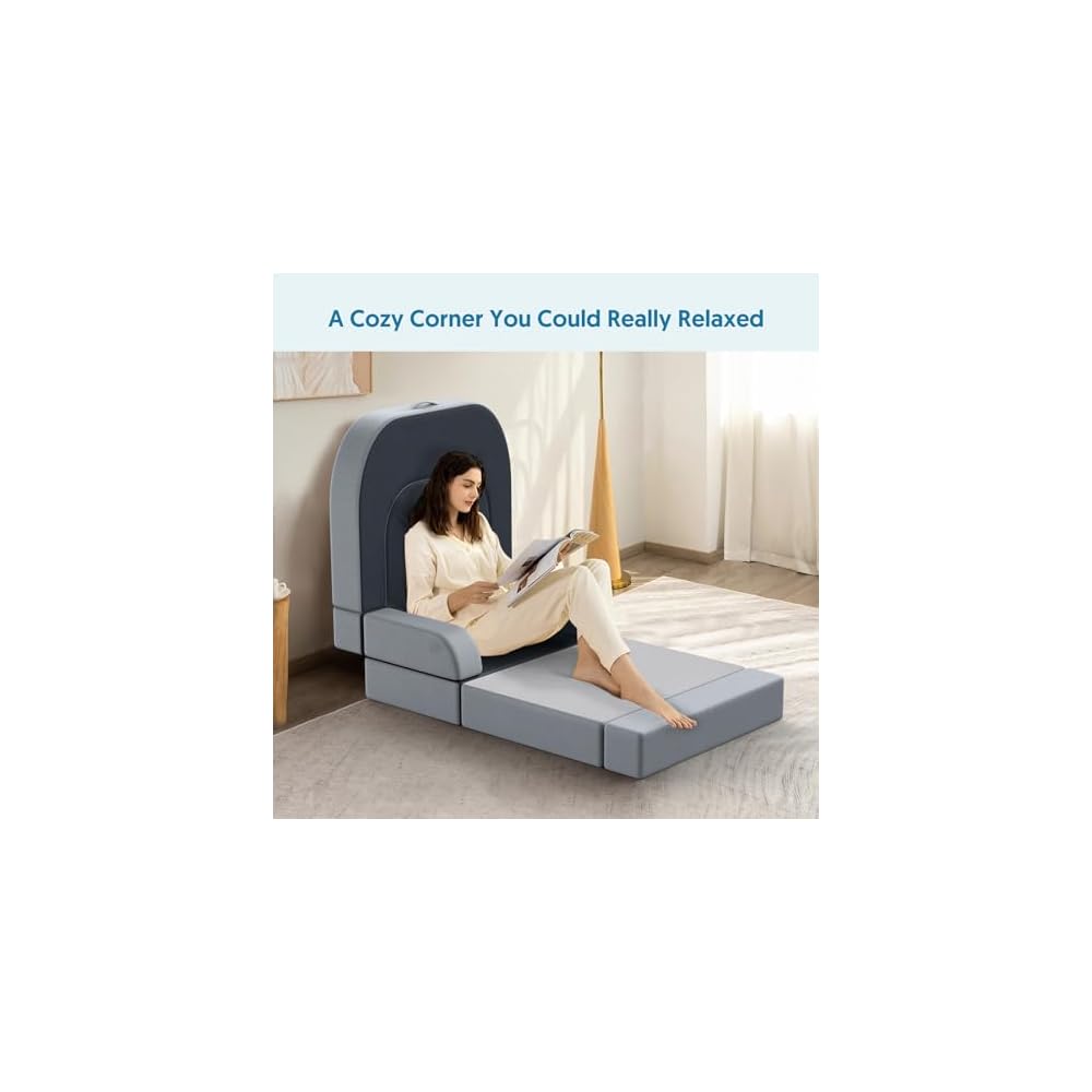 Folding Sofa Bed Memory Foam Convertible Reading Pillow Fold Out Sleeper Chair Bed Foldable Mattress Futon Couch Lounge Removable Cover for Living Room Guest Use Home Office