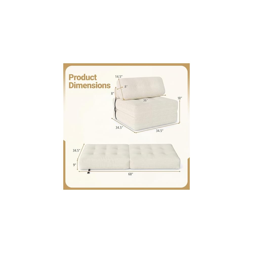 KOMFOTT Convertible Folding Sofa Bed with Pillow (Beige)