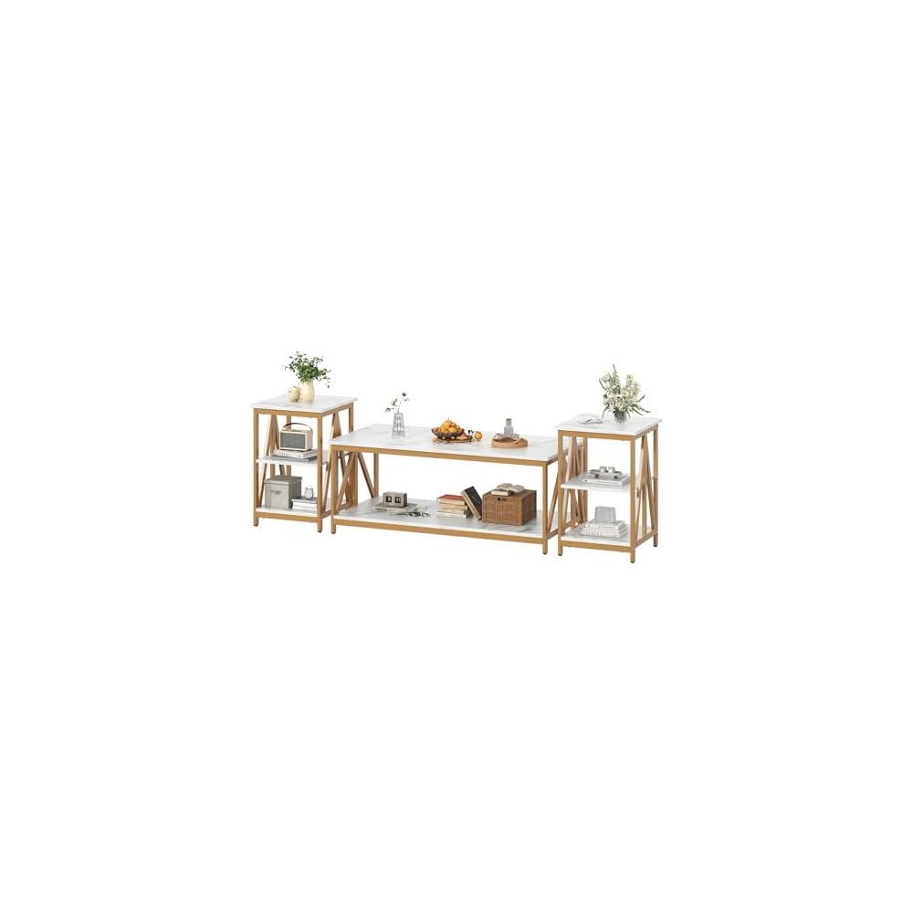 Bigbiglife Living Room Coffee Table Set of 3, Industrial X-Design Coffee Table and 2 End Side Tables, 3 Piece Living Room Table Set with Large Storage for Apartment Home (Black)