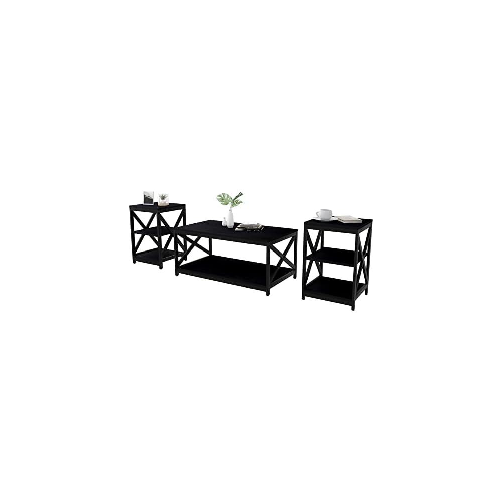 Bigbiglife Living Room Coffee Table Set of 3, Industrial X-Design Coffee Table and 2 End Side Tables, 3 Piece Living Room Table Set with Large Storage for Apartment Home (Black)
