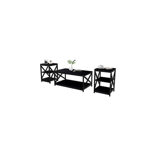 Bigbiglife Living Room Coffee Table Set of 3, Industrial X-Design Coffee Table and 2 End Side Tables, 3 Piece Living Room Table Set with Large Storage for Apartment Home (Black)