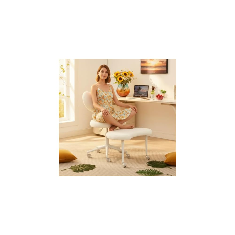 Ergonomic ADHD Criss Cross Legged Office Desk Chair - Meditation Kneeling Yoga Chair Adjustable Height with Wheels Lumbar Support, 360° Swivel Wider Footrest for Home Work, White