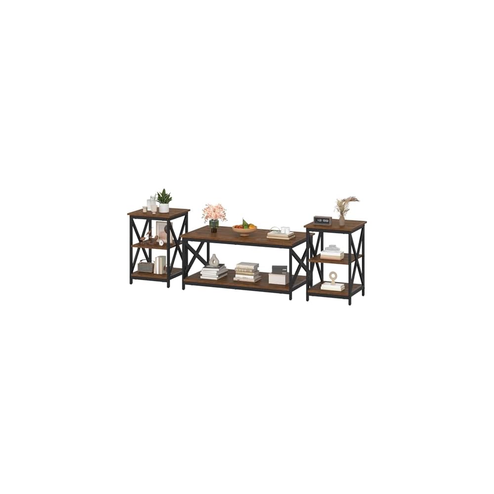 Bigbiglife Living Room Coffee Table Set of 3, Industrial X-Design Coffee Table and 2 End Side Tables, 3 Piece Living Room Table Set with Large Storage for Apartment Home (Black)