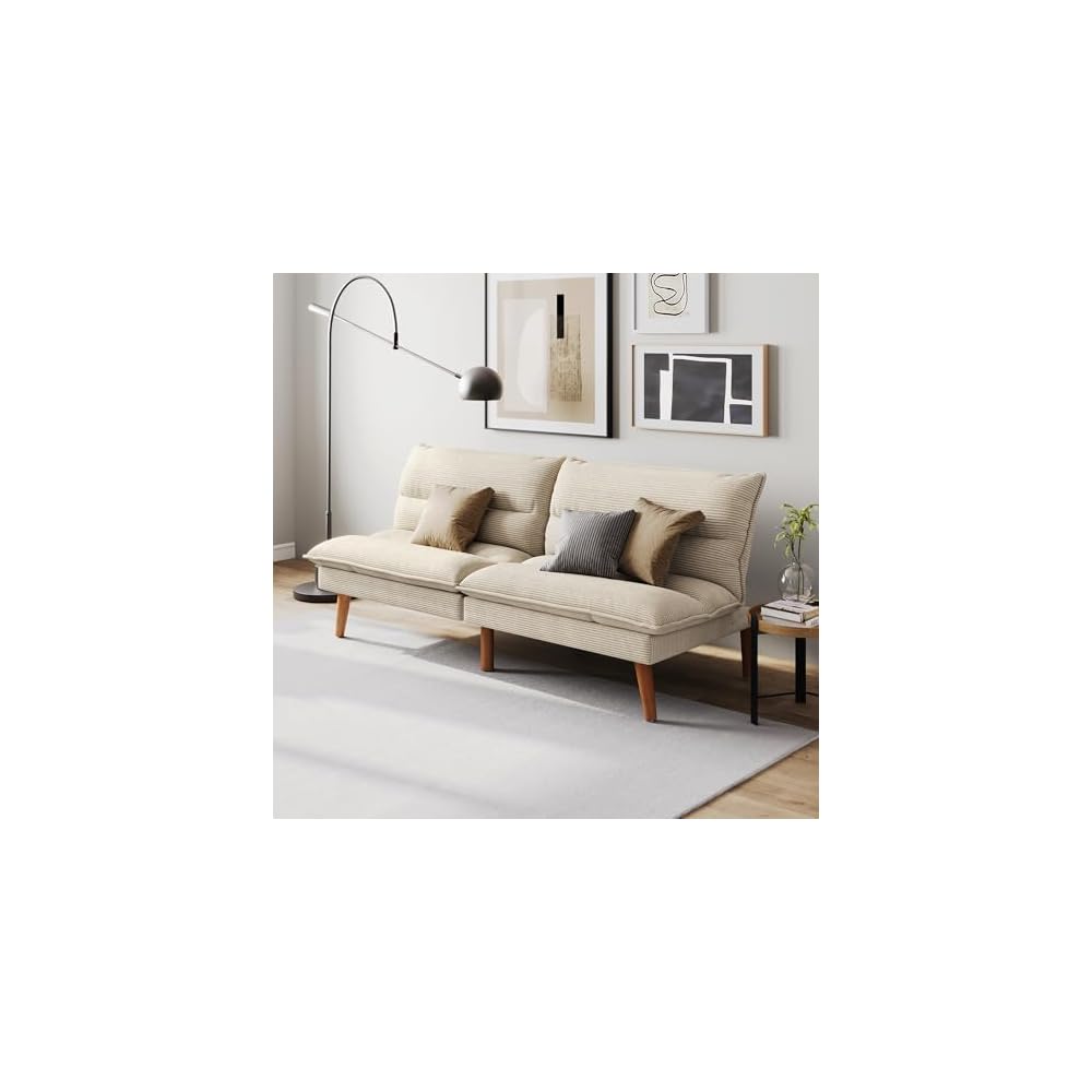 LINSY Home 66" Futon Sofa Bed, Corduroy Futon Couch with 3-Position Adjustable Backrest, Solid Wood Legs, Convertible Small Sofa Bed for Living Room, Apartment, Dorm, Beige