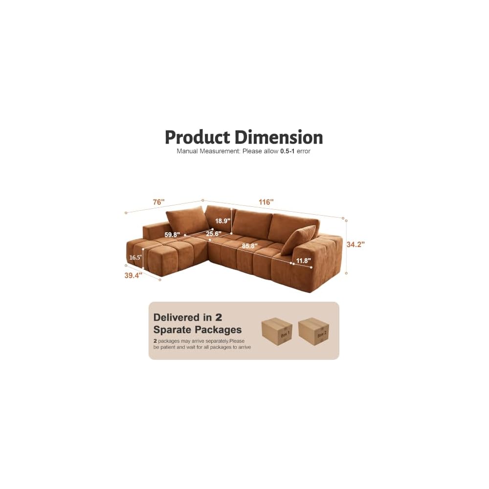 116" Modular Boneless Couch for Living Room, Modern Sectional Chenille Sofa with Oversized Deep Seat,Cloud Couch with L-Shape Chaise,No Assembly Required,Orange