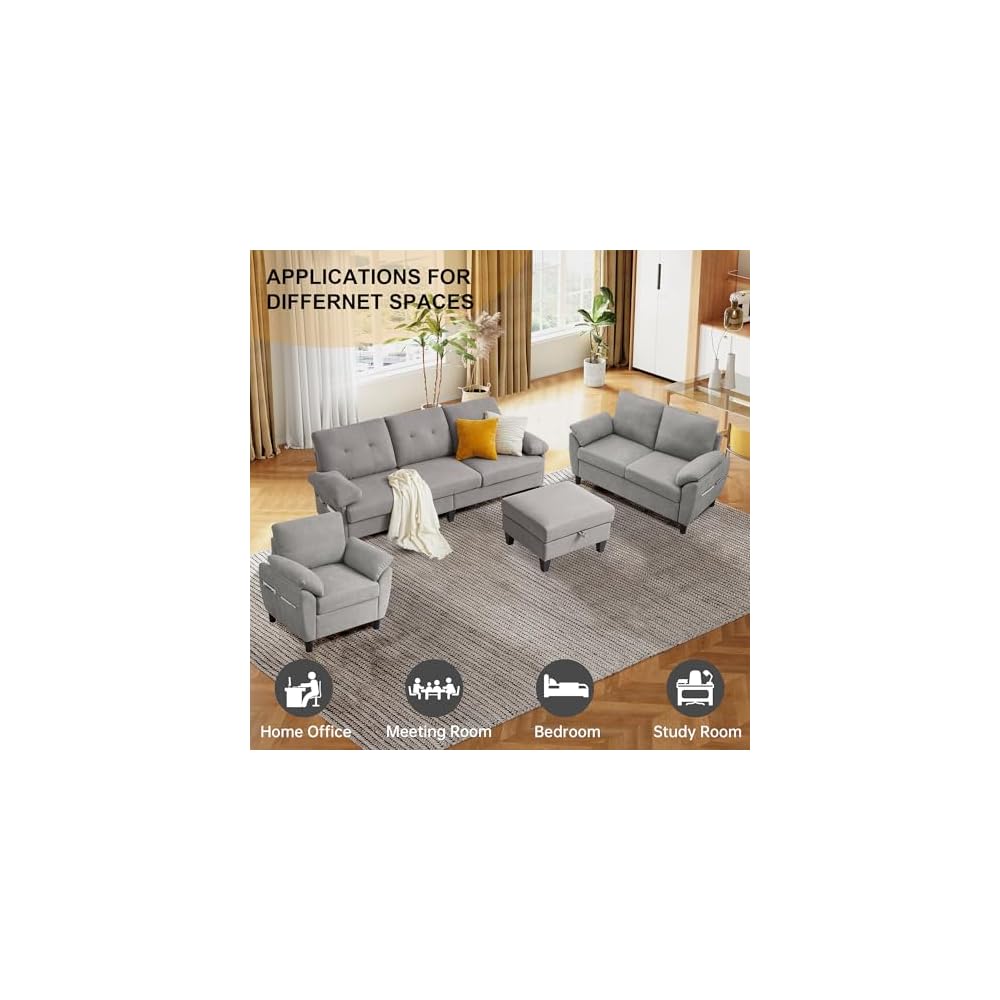 84" Convertible Sectional Sofa Set, 3 Seat L Shaped Couch with Reversible Chaise/Loveseat Sofa/Accent Chair, Polyester Fabre 3 Piece Sofa Set for Living Room, Light Grey