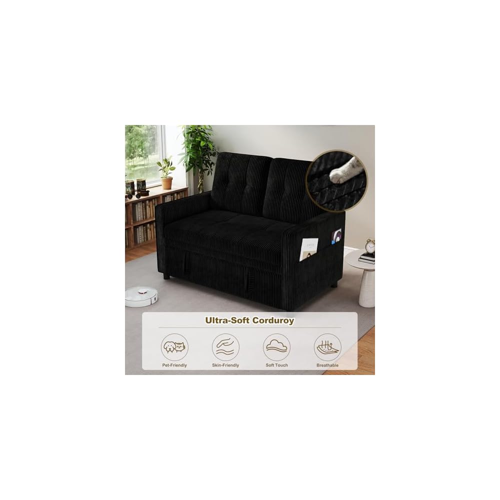 3 in 1 Convertible Sleeper Sofa Bed, Pull Out Loveseat Couch, Black