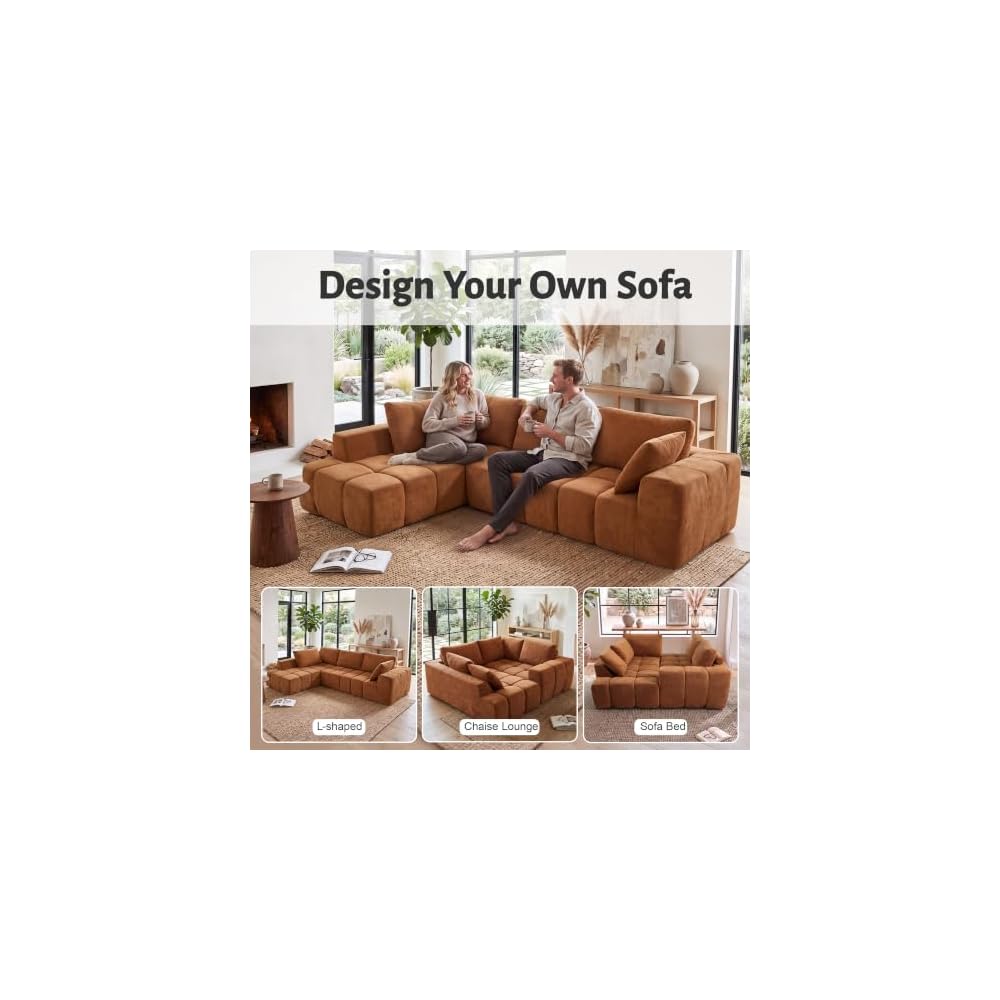 116" Modular Boneless Couch for Living Room, Modern Sectional Chenille Sofa with Oversized Deep Seat,Cloud Couch with L-Shape Chaise,No Assembly Required,Orange