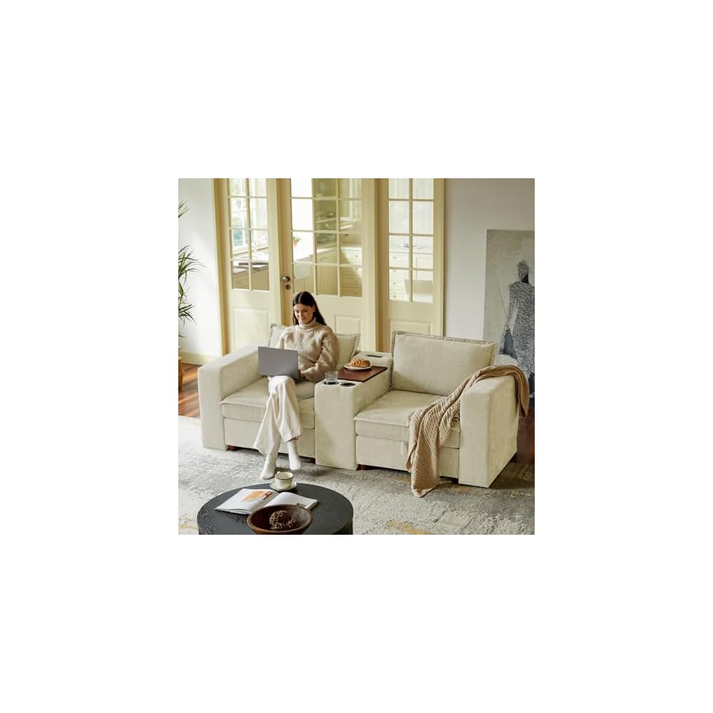 EcoHarbor Living Modular Sofa Center Console with Tabletop & Dual Charging Ports, Multi-Functional Sectional Organizer tith Cup Holder & USB Charger for Customizable Sofa Configurations, Beige