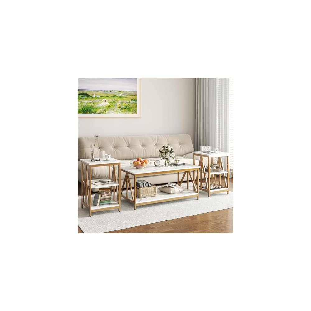 Bigbiglife Living Room Coffee Table Set of 3, Industrial X-Design Coffee Table and 2 End Side Tables, 3 Piece Living Room Table Set with Large Storage for Apartment Home (Black)