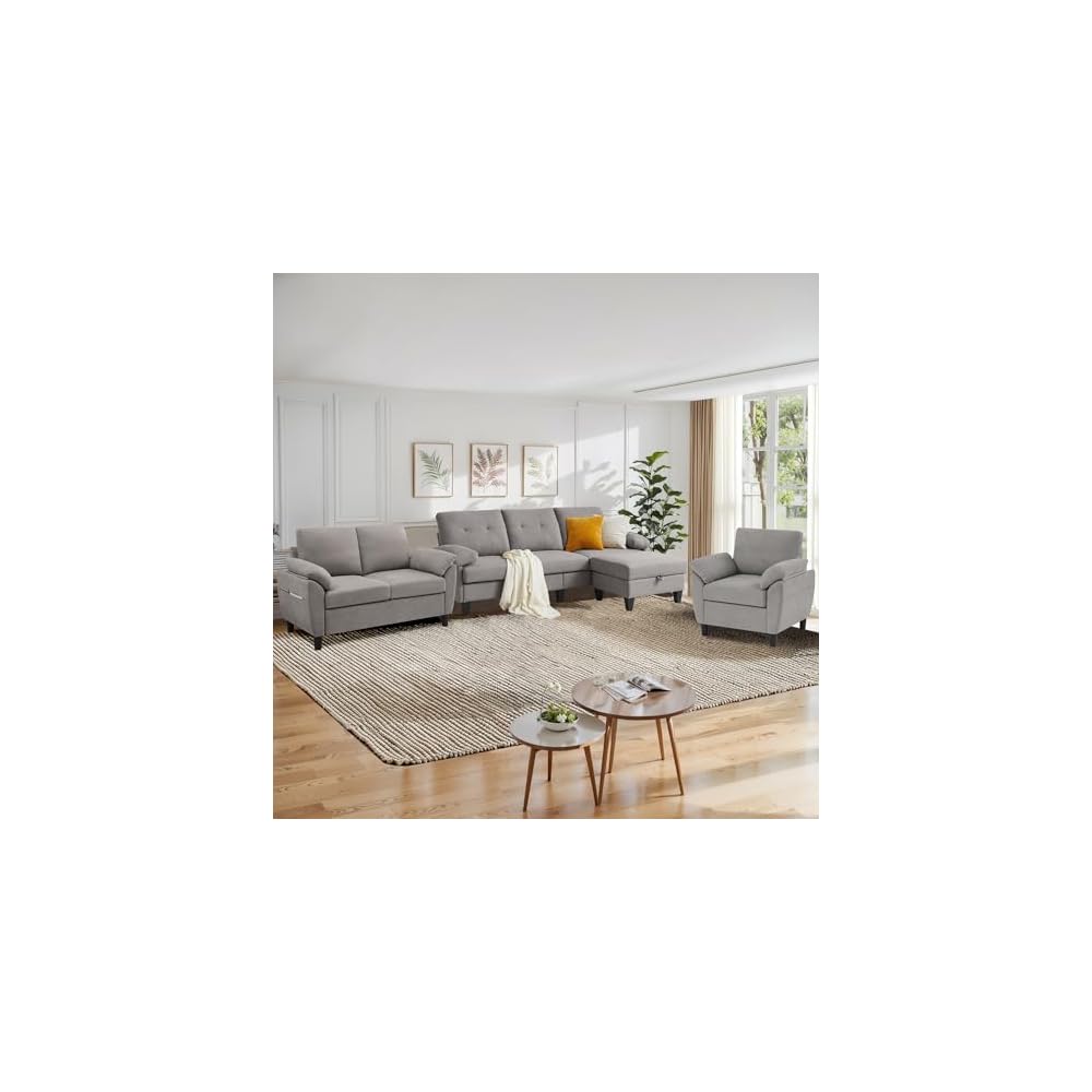 84" Convertible Sectional Sofa Set, 3 Seat L Shaped Couch with Reversible Chaise/Loveseat Sofa/Accent Chair, Polyester Fabre 3 Piece Sofa Set for Living Room, Light Grey