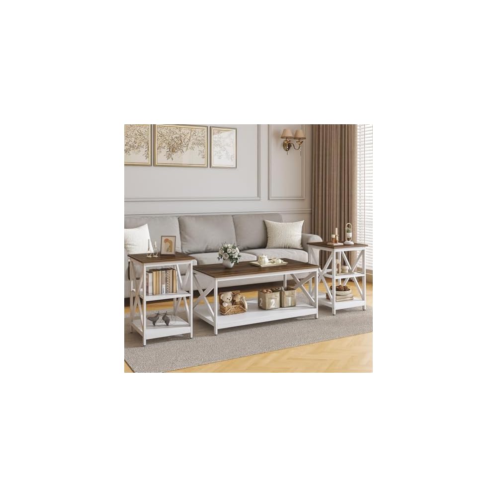 Bigbiglife Living Room Coffee Table Set of 3, Industrial X-Design Coffee Table and 2 End Side Tables, 3 Piece Living Room Table Set with Large Storage for Apartment Home (Black)