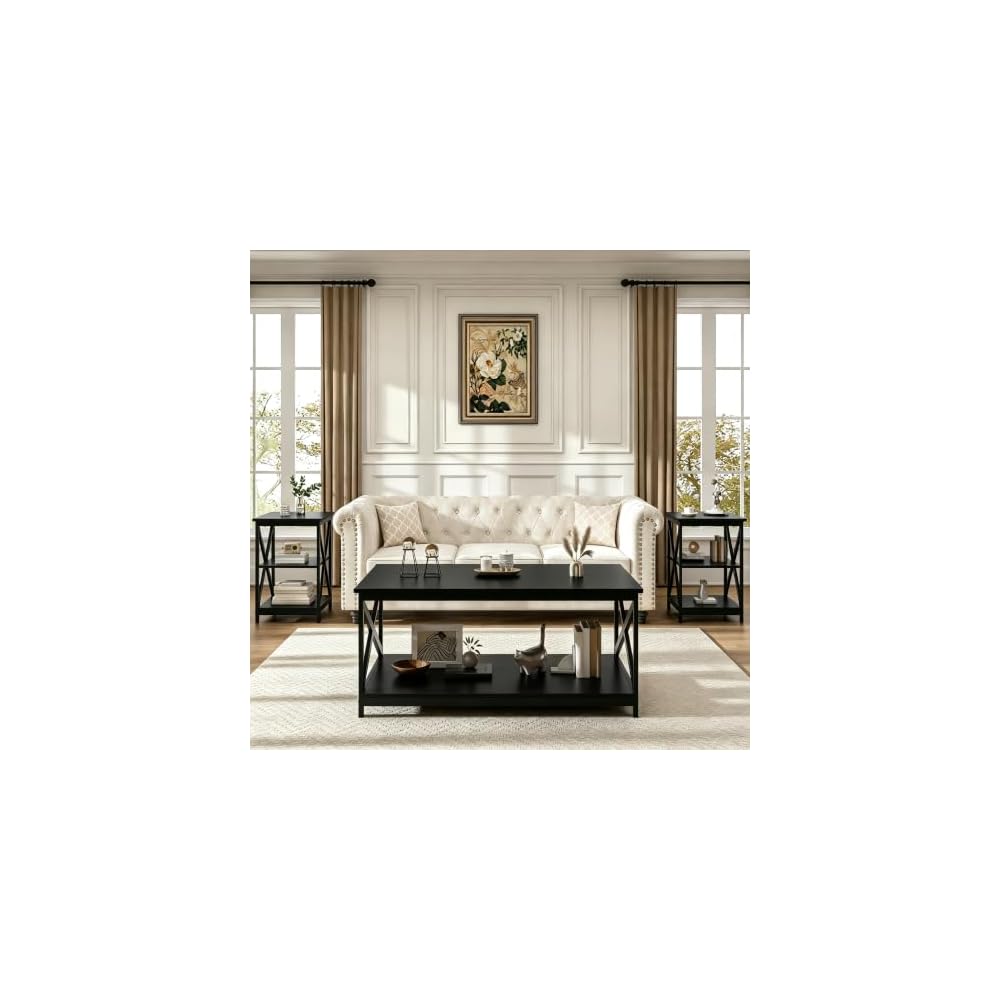 Bigbiglife Living Room Coffee Table Set of 3, Industrial X-Design Coffee Table and 2 End Side Tables, 3 Piece Living Room Table Set with Large Storage for Apartment Home (Black)