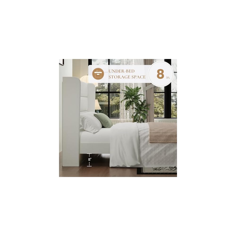 SHA CERLIN Full Size Velvet Bed Frame with Wingback Headboard/Upholstered Platform Bed with Wooden Slats/Mattress Foundation/No Box Spring Needed/Easy Assembly/White