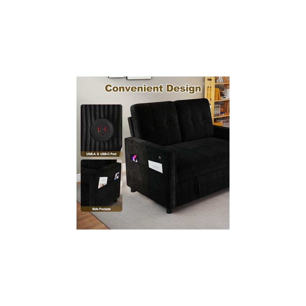 3 in 1 Convertible Sleeper Sofa Bed, Pull Out Loveseat Couch, Black
