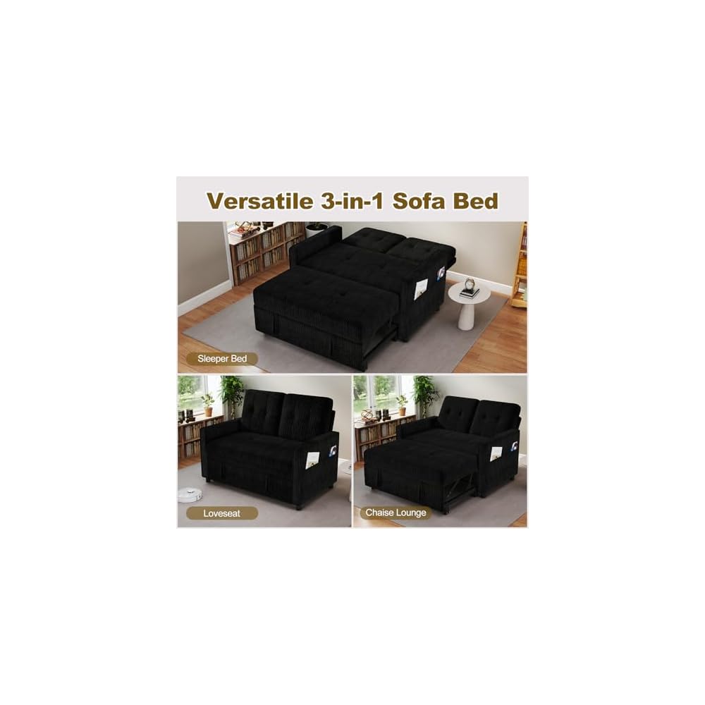 3 in 1 Convertible Sleeper Sofa Bed, Pull Out Loveseat Couch, Black
