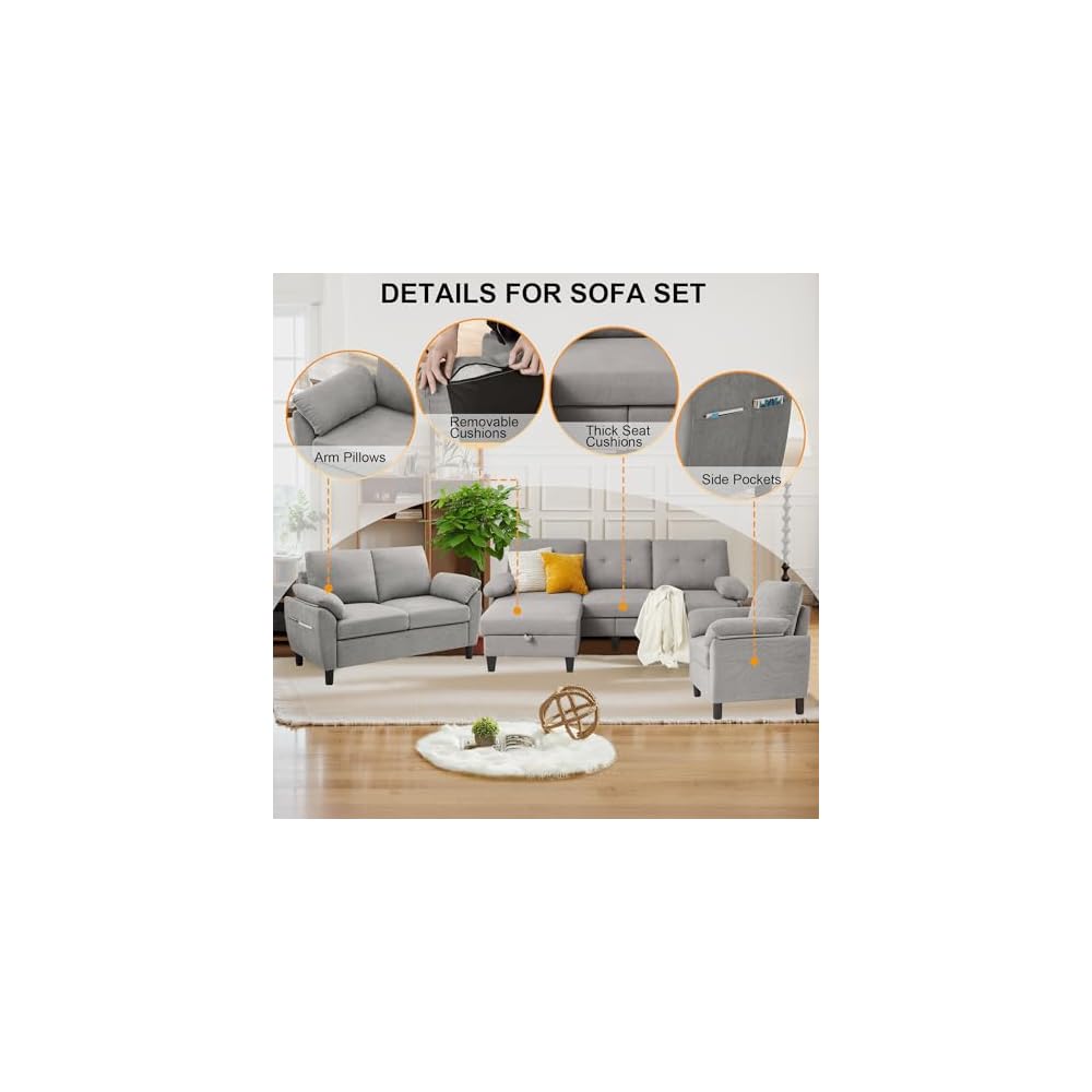 84" Convertible Sectional Sofa Set, 3 Seat L Shaped Couch with Reversible Chaise/Loveseat Sofa/Accent Chair, Polyester Fabre 3 Piece Sofa Set for Living Room, Light Grey