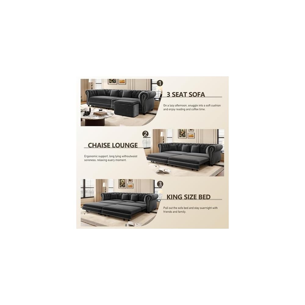 Chesterfield Sofa,89" 3-in-1 Pull-Out Sofa Bed,Convertible Sleeper Sofa Bed