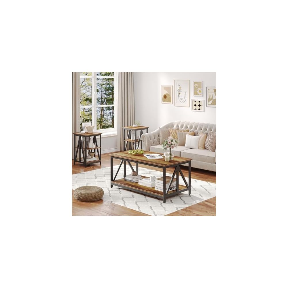 Bigbiglife Living Room Coffee Table Set of 3, Industrial X-Design Coffee Table and 2 End Side Tables, 3 Piece Living Room Table Set with Large Storage for Apartment Home (Black)