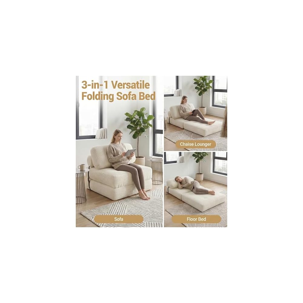 KOMFOTT Convertible Folding Sofa Bed with Pillow (Beige)