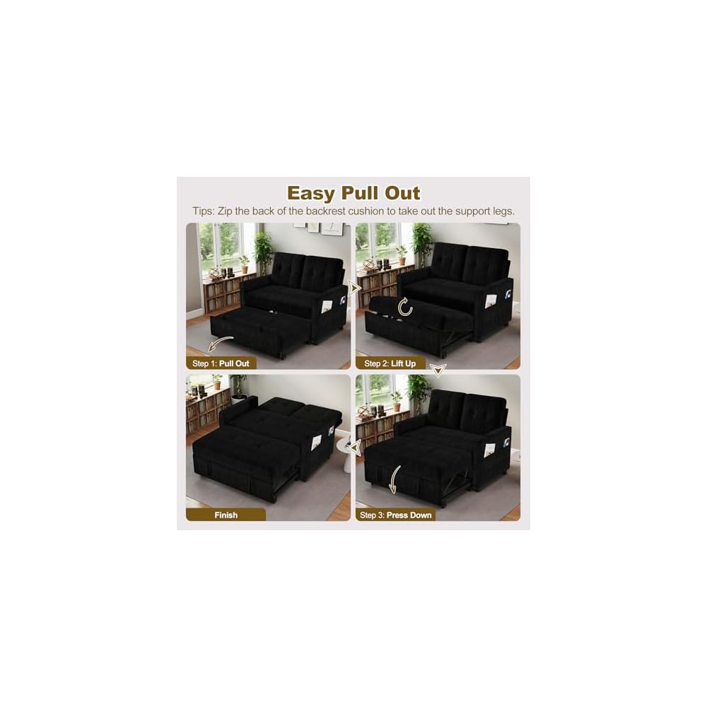 3 in 1 Convertible Sleeper Sofa Bed, Pull Out Loveseat Couch, Black