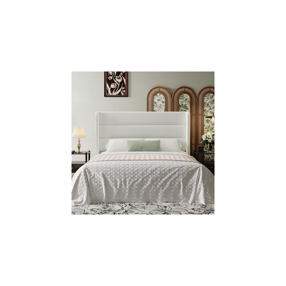 SHA CERLIN Full Size Velvet Bed Frame with Wingback Headboard/Upholstered Platform Bed with Wooden Slats/Mattress Foundation/No Box Spring Needed/Easy Assembly/White