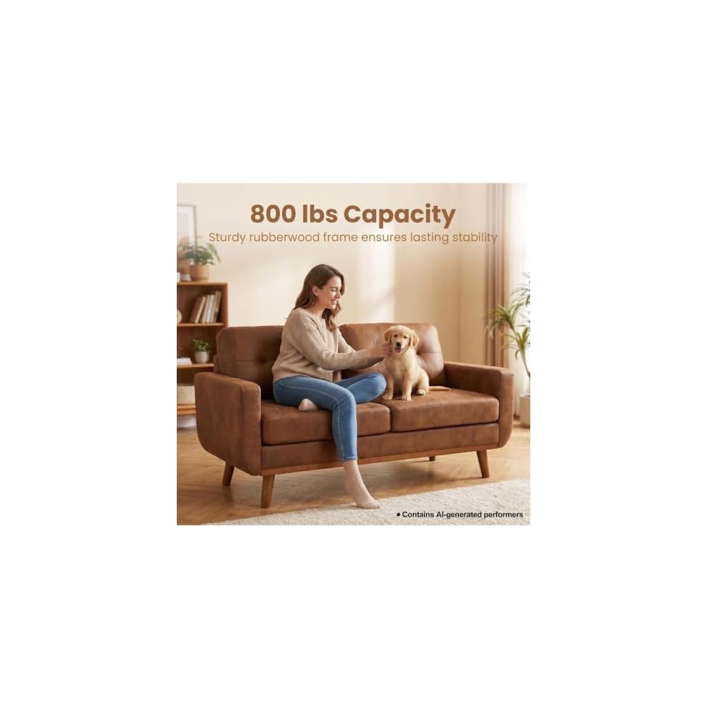 Light Brown Small Office Couch, 65" Mid Century Modern Loveseat Sofa for Small Spaces, Comfy Mini Cloud Couch for Bedroom, Vintage Two Seater Couch for Living Room Apartment (Light Brown)