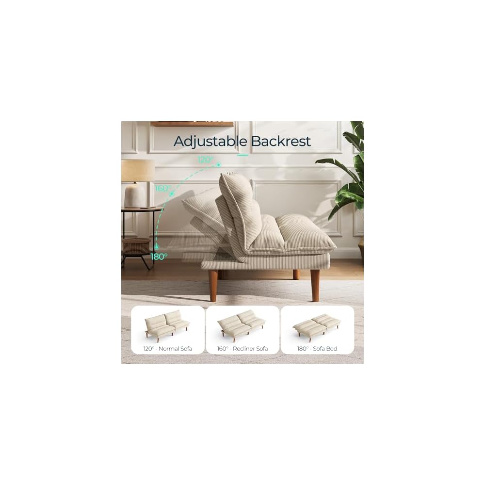 LINSY Home 66" Futon Sofa Bed, Corduroy Futon Couch with 3-Position Adjustable Backrest, Solid Wood Legs, Convertible Small Sofa Bed for Living Room, Apartment, Dorm, Beige