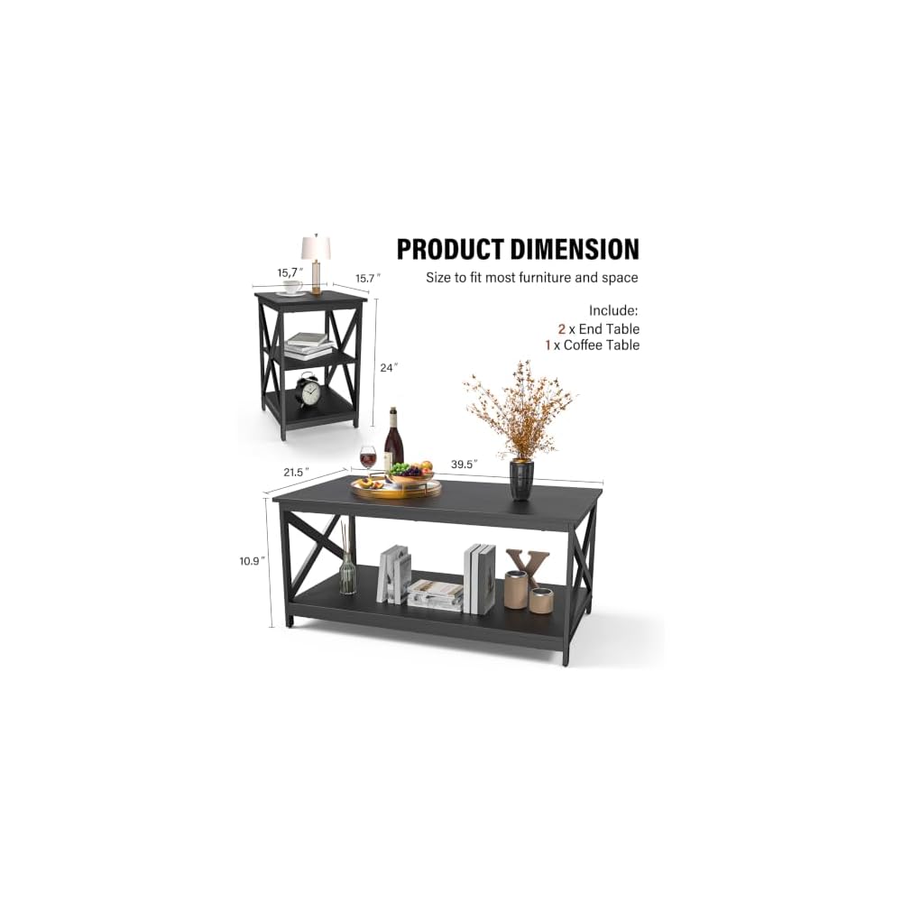 Bigbiglife Living Room Coffee Table Set of 3, Industrial X-Design Coffee Table and 2 End Side Tables, 3 Piece Living Room Table Set with Large Storage for Apartment Home (Black)