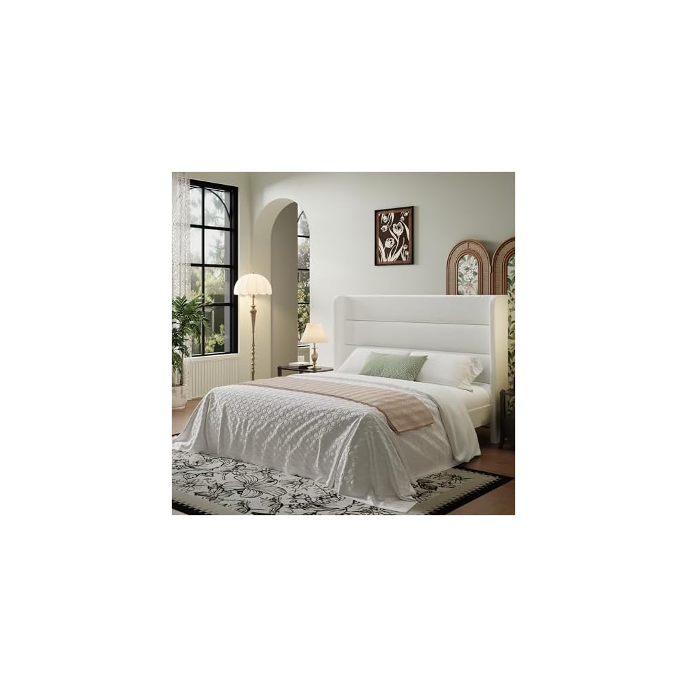 SHA CERLIN Full Size Velvet Bed Frame with Wingback Headboard/Upholstered Platform Bed with Wooden Slats/Mattress Foundation/No Box Spring Needed/Easy Assembly/White
