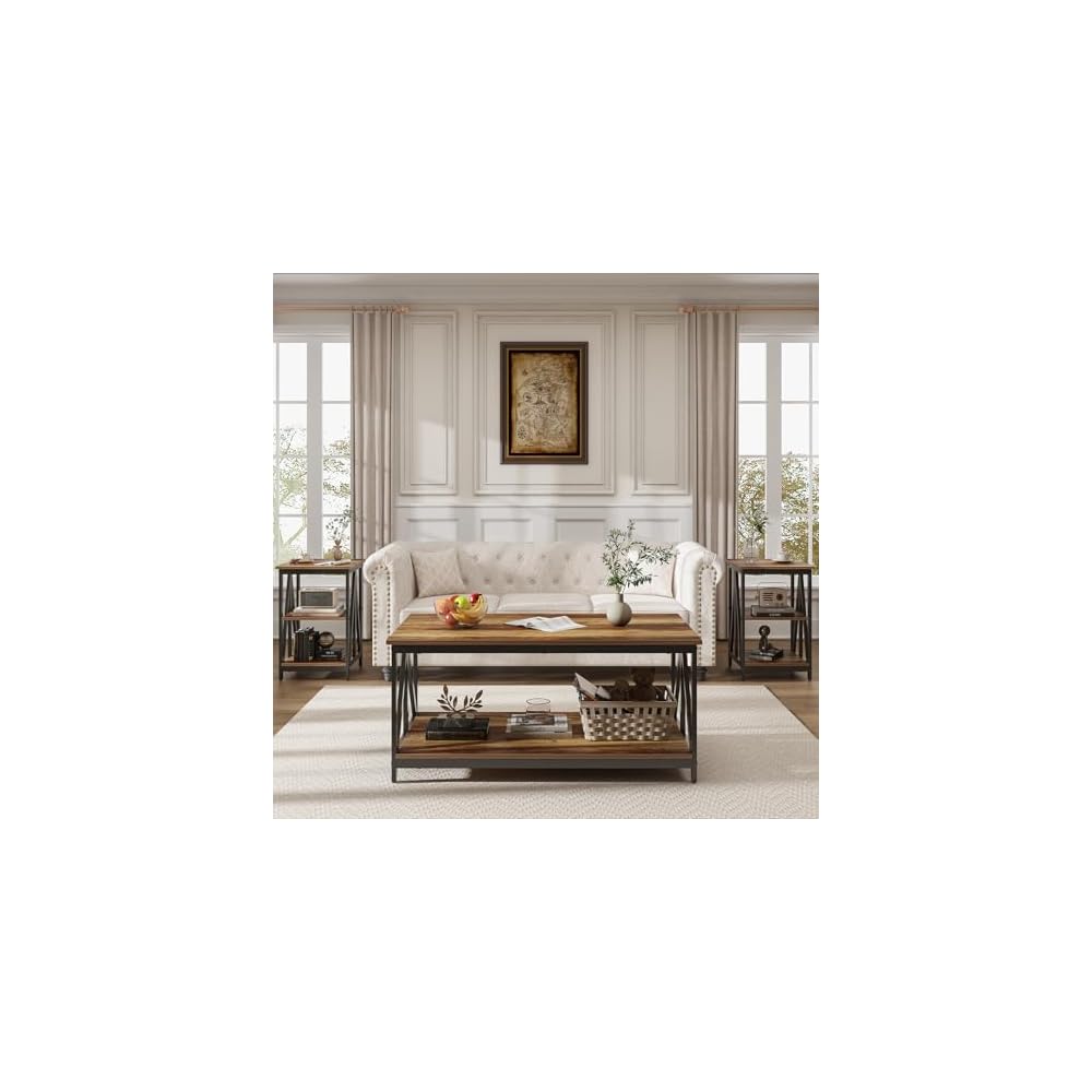 Bigbiglife Living Room Coffee Table Set of 3, Industrial X-Design Coffee Table and 2 End Side Tables, 3 Piece Living Room Table Set with Large Storage for Apartment Home (Black)