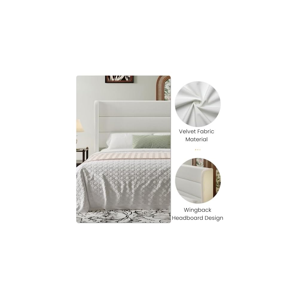 SHA CERLIN Full Size Velvet Bed Frame with Wingback Headboard/Upholstered Platform Bed with Wooden Slats/Mattress Foundation/No Box Spring Needed/Easy Assembly/White