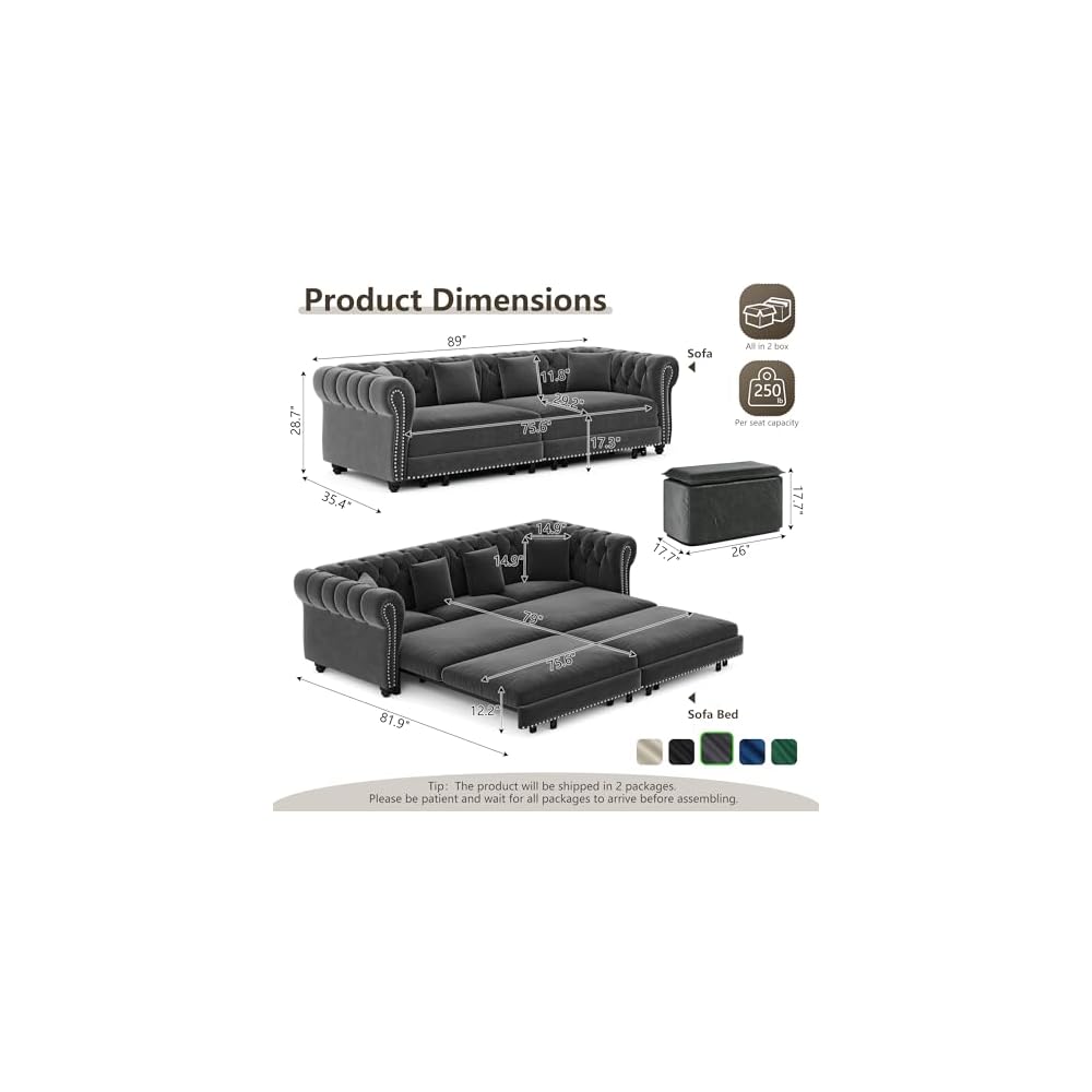 Chesterfield Sofa,89" 3-in-1 Pull-Out Sofa Bed,Convertible Sleeper Sofa Bed